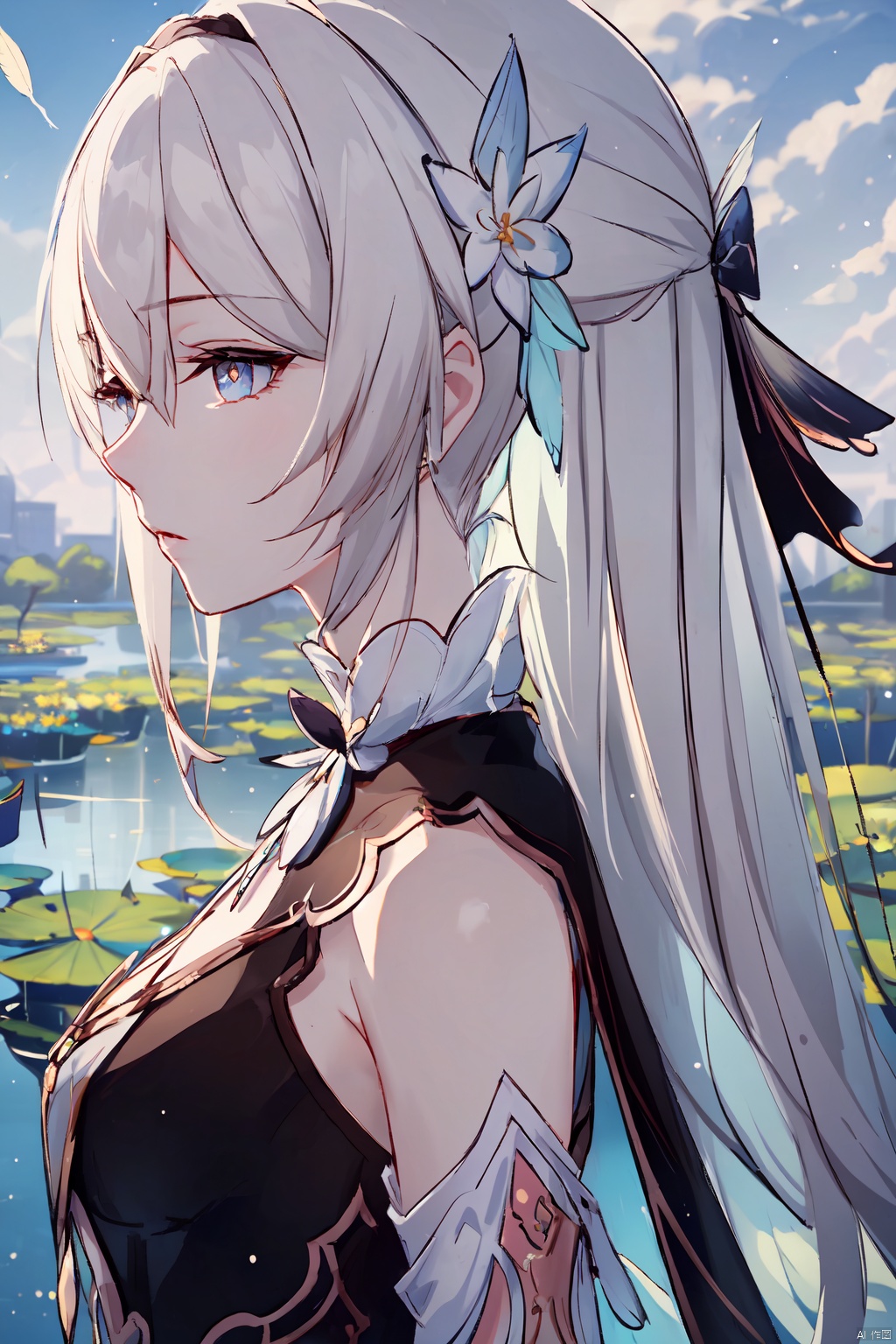 (extremely detailed CG unity 8k wallpaper),(((masterpiece))), (((best quality))), ((ultra-detailed)), (best illustration),(best shadow), ((an extremely delicate and beautiful)),dynamic angle, close-up of a small house by the lake, beautiful sunny summer day, water lilies in the lake blooming, lush plants, sunlight shining through the white clouds, bold colors, fairy tale, fantasy,wind,classic, (detailed light),feather, nature, (sunlight),beautiful and delicate water,(painting),(sketch),(bloom),(shine), high resolution, high contrast ratio, high detail, high texture, texture surreal high quality figure, ultra high quality, golden ratio