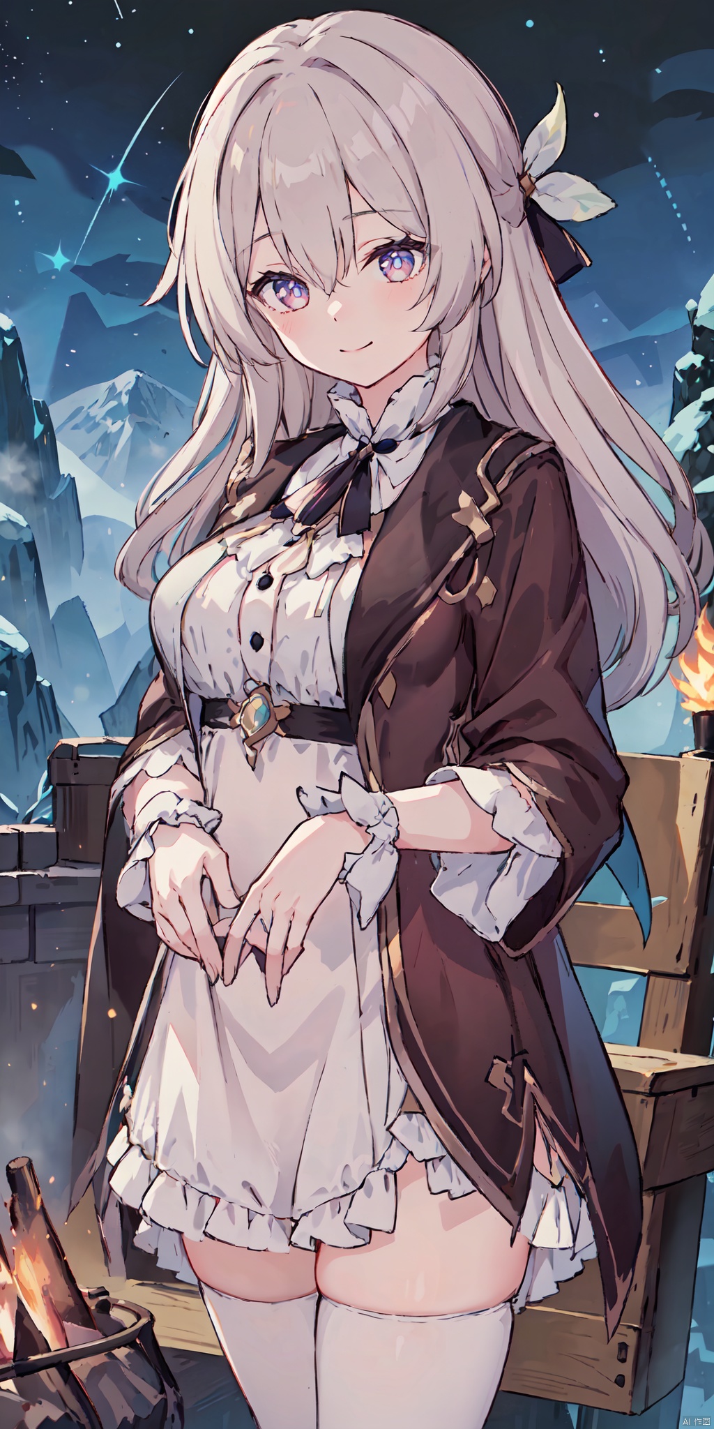 LiuYing,1girl,solo,closed mouth,smile,jacket,black jacket,brown jacket,dress,shirt,white shirt,jewelry,breasts,looking at viewer, BREAK
remote mountain, campfire, (warm:1.1), cozy, stars, serene atmosphere,