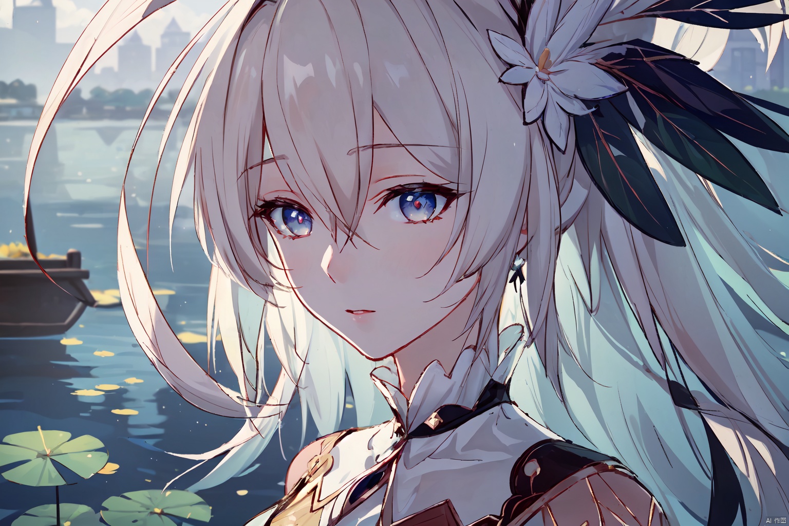 (extremely detailed CG unity 8k wallpaper),(((masterpiece))), (((best quality))), ((ultra-detailed)), (best illustration),(best shadow), ((an extremely delicate and beautiful)),dynamic angle, close-up of a small house by the lake, beautiful sunny summer day, water lilies in the lake blooming, lush plants, sunlight shining through the white clouds, bold colors, fairy tale, fantasy,wind,classic, (detailed light),feather, nature, (sunlight),beautiful and delicate water,(painting),(sketch),(bloom),(shine), high resolution, high contrast ratio, high detail, high texture, texture surreal high quality figure, ultra high quality, golden ratio