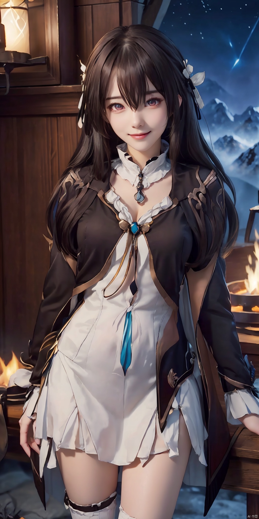 LiuYing,1girl,solo,closed mouth,smile,jacket,black jacket,brown jacket,dress,shirt,white shirt,jewelry,breasts,looking at viewer, BREAK
remote mountain, campfire, (warm:1.1), cozy, stars, serene atmosphere, LiuYing