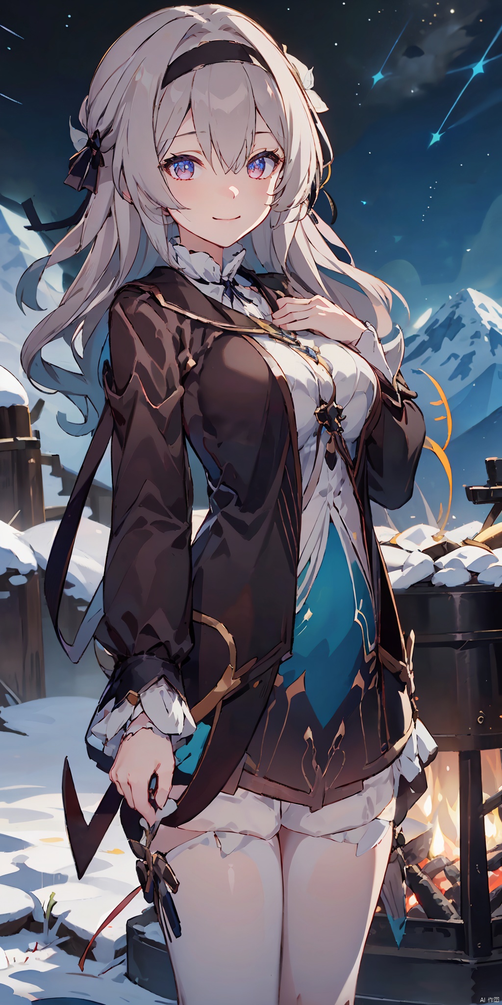 LiuYing,1girl,solo,closed mouth,smile,jacket,black jacket,brown jacket,dress,shirt,white shirt,jewelry,breasts,looking at viewer, BREAK
remote mountain, campfire, (warm:1.1), cozy, stars, serene atmosphere,