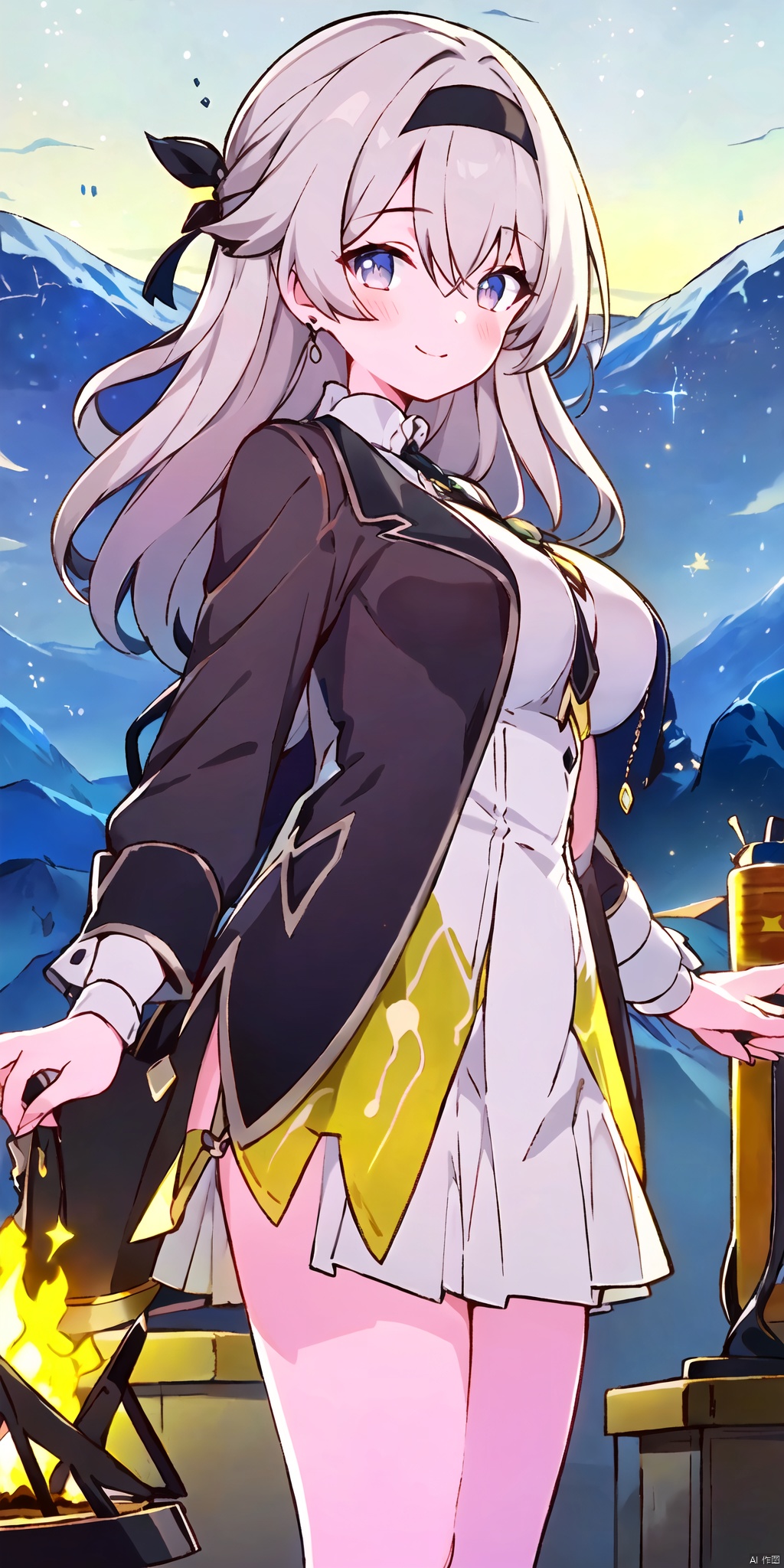 LiuYing,1girl,solo,closed mouth,smile,jacket,black jacket,brown jacket,dress,shirt,white shirt,jewelry,breasts,looking at viewer, BREAK
remote mountain, campfire, (warm:1.1), cozy, stars, serene atmosphere, LiuYing, bianping