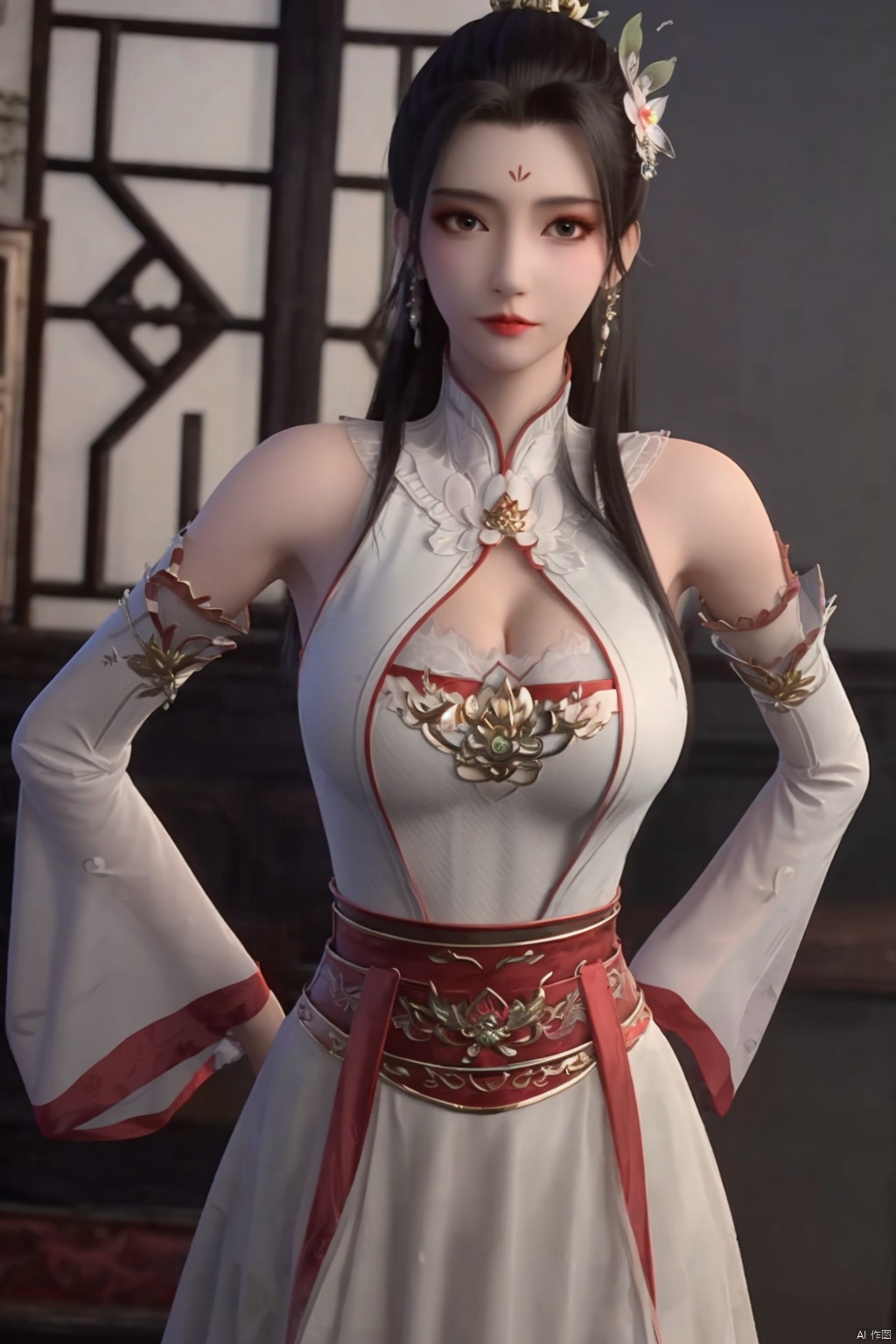 1girl, solo, skirt, black hair, hair ornament, dress, bare shoulders, jewelry, earrings, detached sleeves, clothing cutout, chinese clothes, cleavage cutout,cleavage ,hands on waist