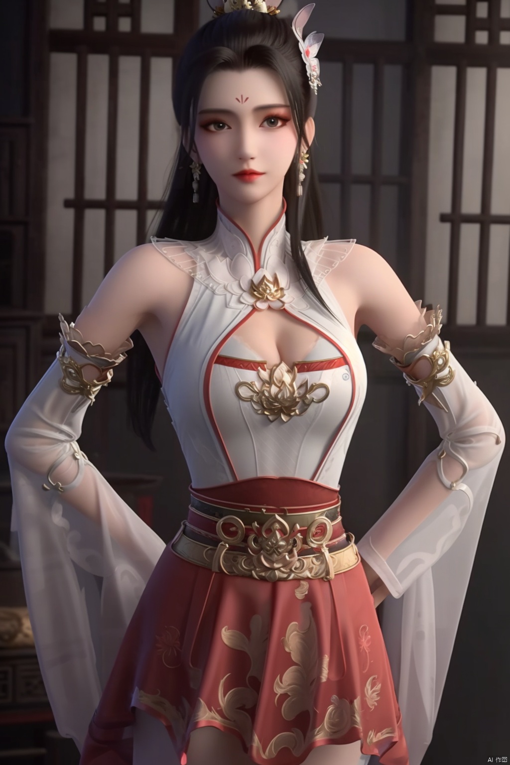 1girl, solo, skirt, black hair, hair ornament, dress, bare shoulders, jewelry, earrings, detached sleeves, clothing cutout, chinese clothes, cleavage cutout, hands on waist
