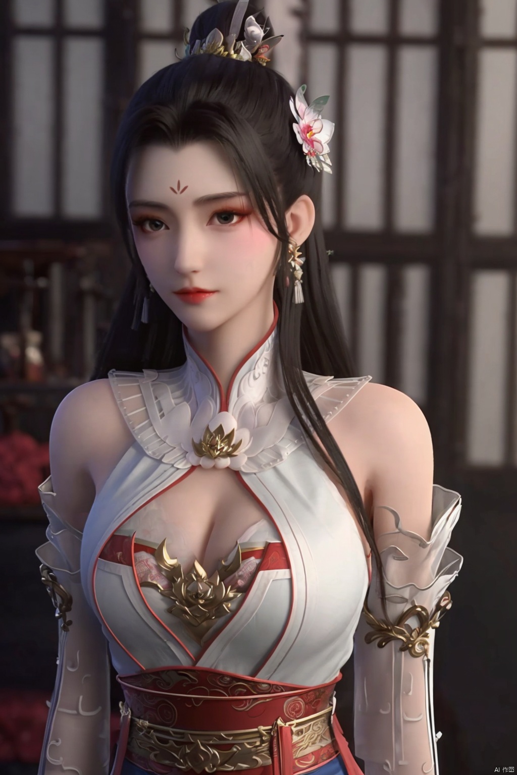 1girl, solo, long hair, breasts, black hair, hair ornament, dress, bare shoulders, jewelry, closed mouth, upper body, earrings, detached sleeves,  sash, clothing cutout, facial mark, chinese clothes, cleavage cutout, forehead mark,(facing camera),(cleavage)