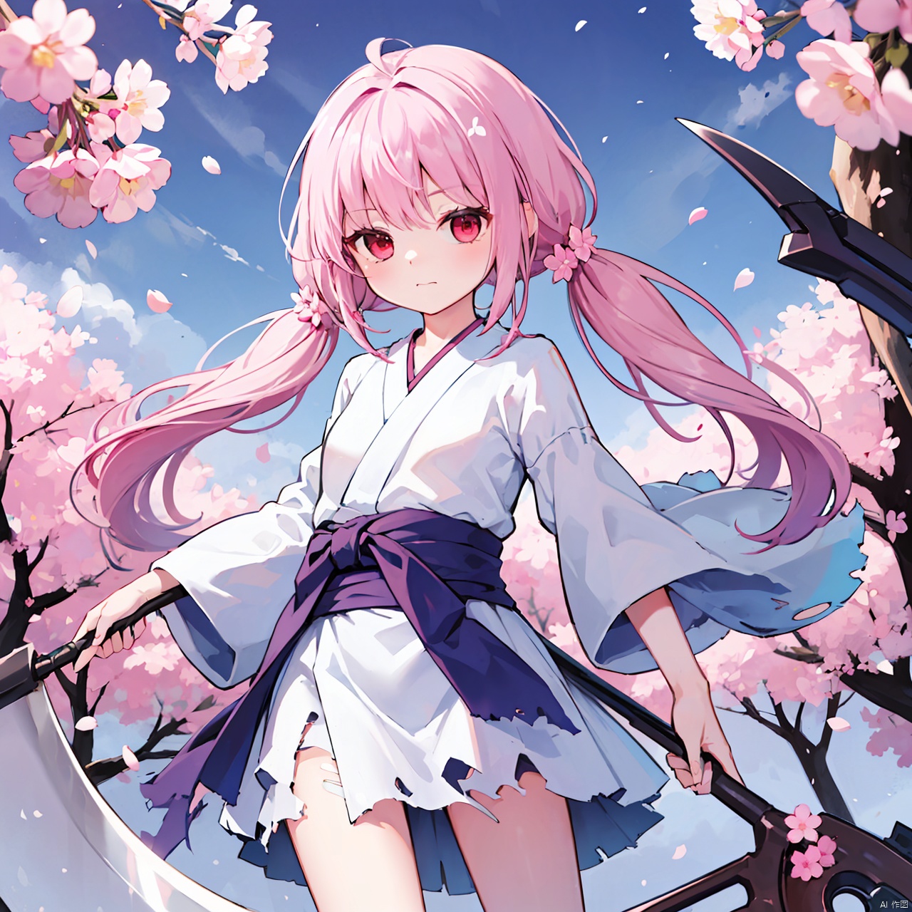  masterpiece, bestquality, Ghost Reaper & Winter Cherries, 1girl, solo, long hair, hair ornament, red eyes, holding, twintails, weapon, pink hair, flower, japanese clothes, hair flower, torn clothes, sash, petals, cherry blossoms, scythe,