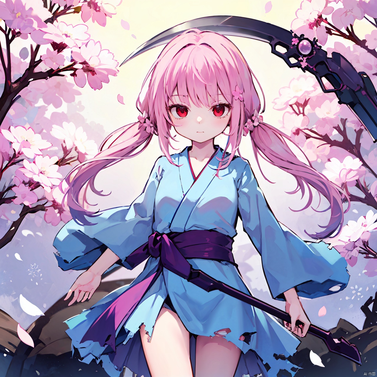 masterpiece, bestquality, Ghost Reaper & Winter Cherries, 1girl, solo, long hair, hair ornament, red eyes, holding, twintails, weapon, pink hair, flower, japanese clothes, hair flower, torn clothes, sash, petals, cherry blossoms, scythe,