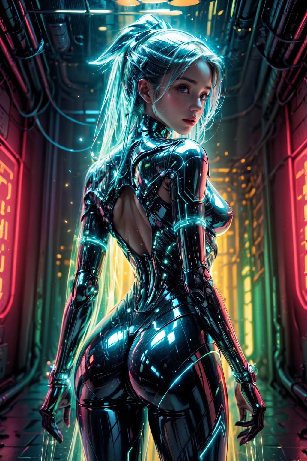 Ultra detailed illustration of a cyberpunk female mech warrior,  phantasmagorical and translucent armor:1.5,  translucent...