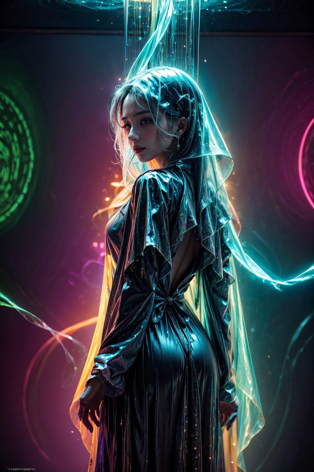 Ultra detailed illustration of a ghostly robed woman silhouette,  phantasmagorical and translucent figure:1.5,  translucen...