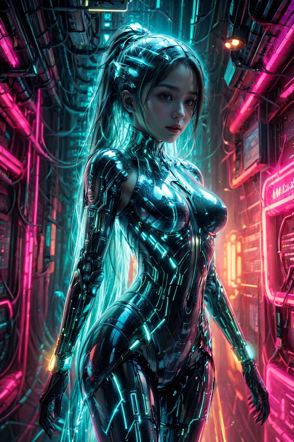 Ultra detailed illustration of a cyberpunk female mech warrior,  phantasmagorical and translucent armor:1.5,  translucent...
