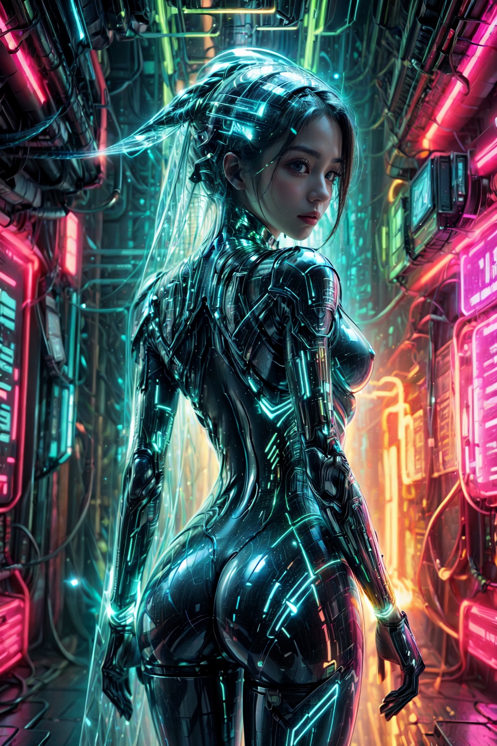 Ultra detailed illustration of a cyberpunk female mech warrior,  phantasmagorical and translucent armor:1.5,  translucent...