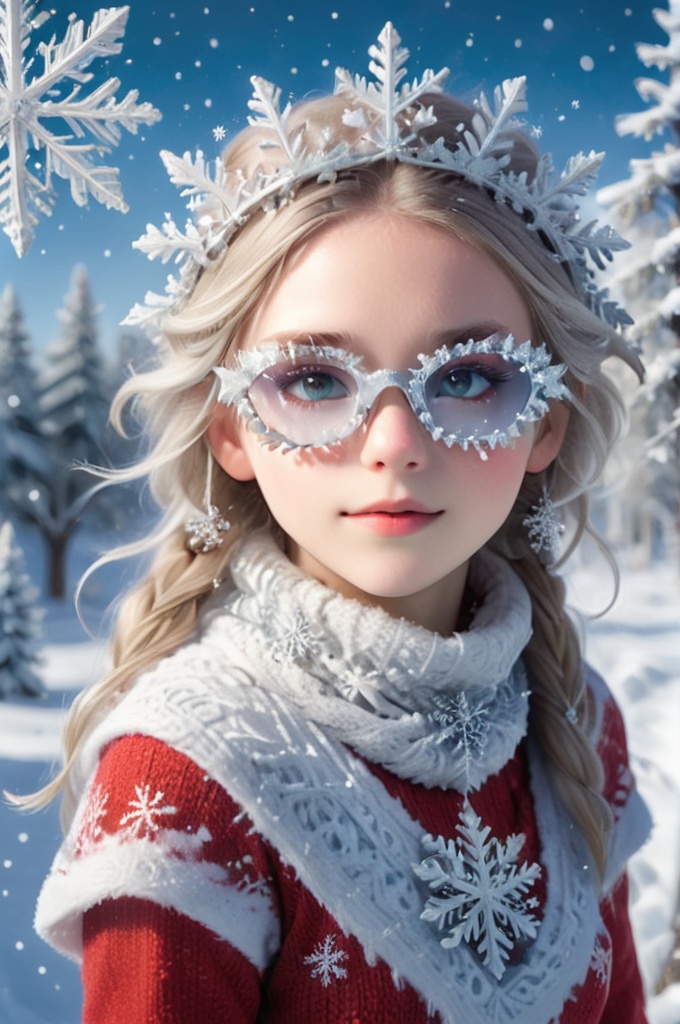 In this Christmas scene,  a petite girl stands alone in the snowy landscape. She wears a red Christmas hat,  and her long...