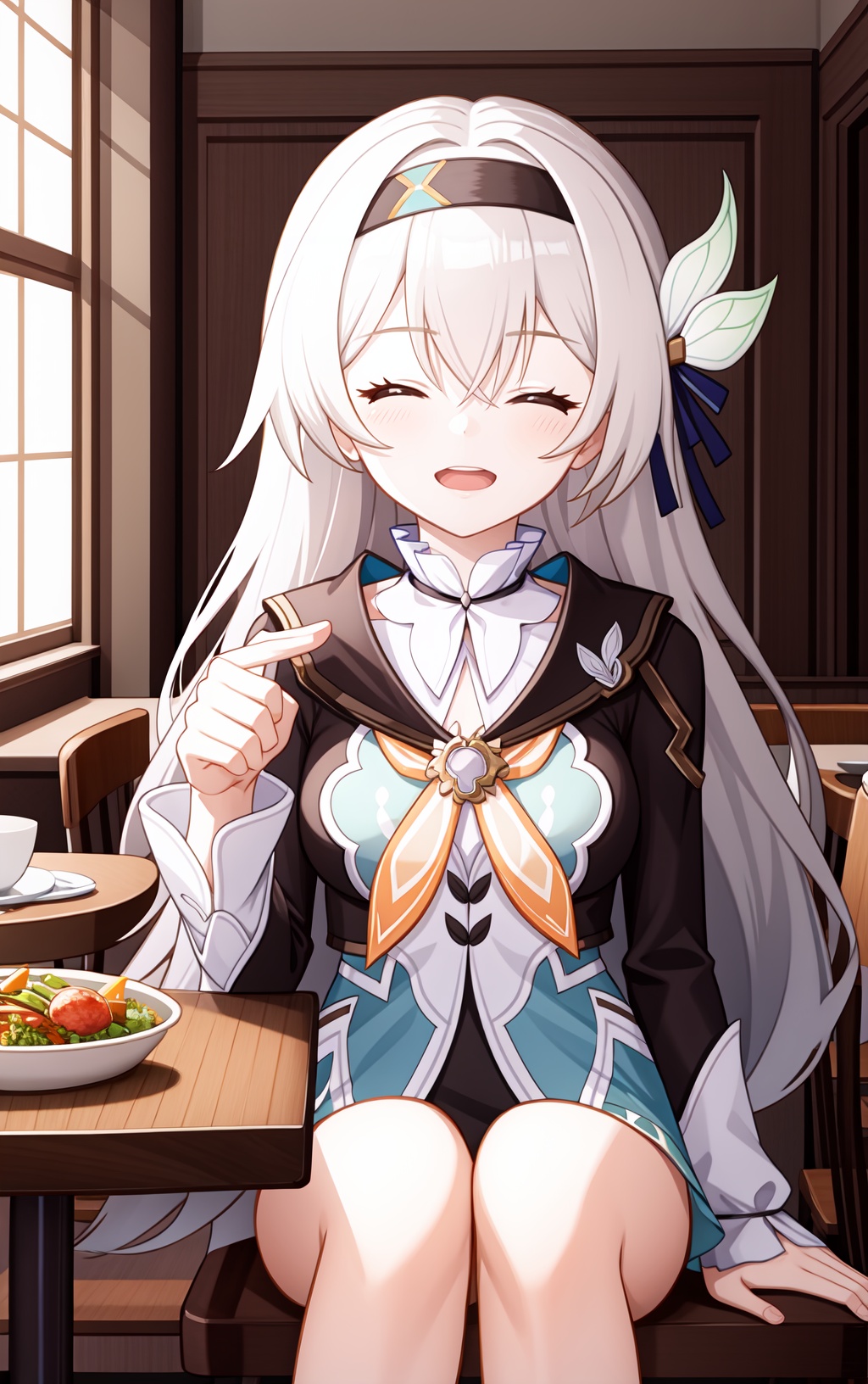 1girl,a girl named liuying,liuying,long sleeves,long hair,high quality,black hairband,(purple eyes:0.6),light smile,grey hair,bare legs,<lora:流萤21-000011:0.9:lbw=char>,indoors,detailed face,cowboy shot,bright pupils,(tongue out:1.2),(purple eyes,blue eyes,pink eyes:0.0),narrowed eyes,smile,(closed eyes:1.2),restaurant,sitting,table,nabe,restaurant,hand on table,, (masterpiece,best quality:1.2),absurdres, high quality,