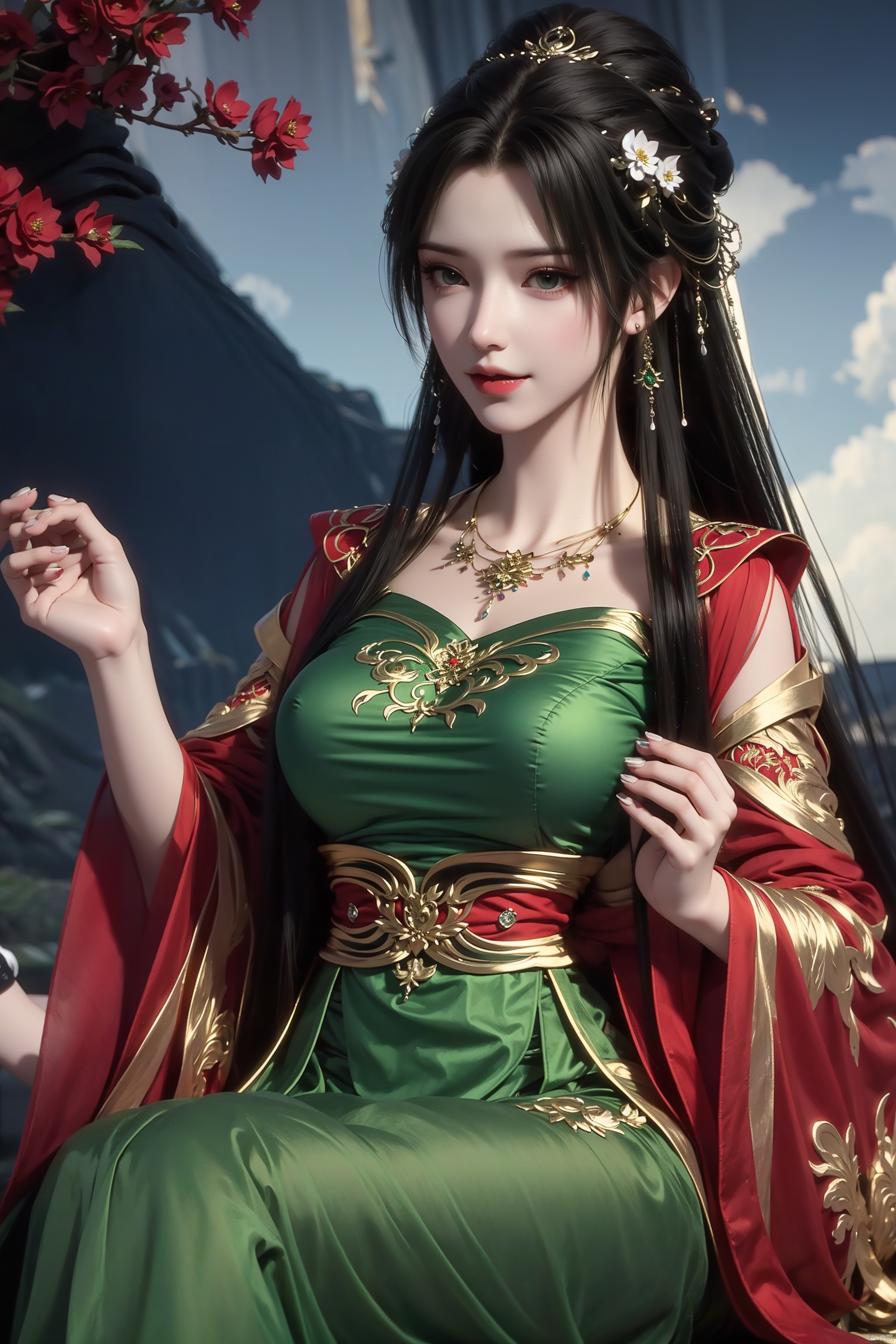  A girl, a beautiful woman with long black hair and green hair accessories, sitting under the moonlight, wearing a crystal green Hanfu with patterns on her clothes. The red flowers, charming smiles (fluttering in the wind), fresh and realistic flowers, masterpieces, blooming effects, beautiful grass red petals, black flowers, butterfly dance, necklace, smile, black petals,