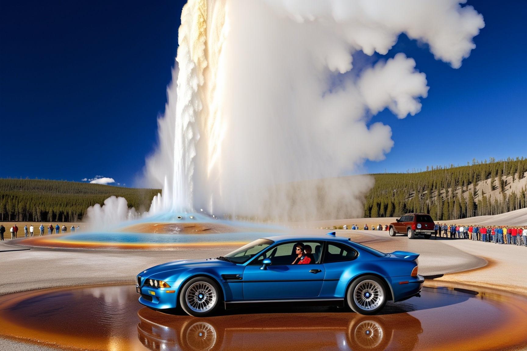 Ultra-realistic photo of racing car \(BMW Gina 2008\) in front of Old Faithful in Yellowstone,  detailed shiny body with r...