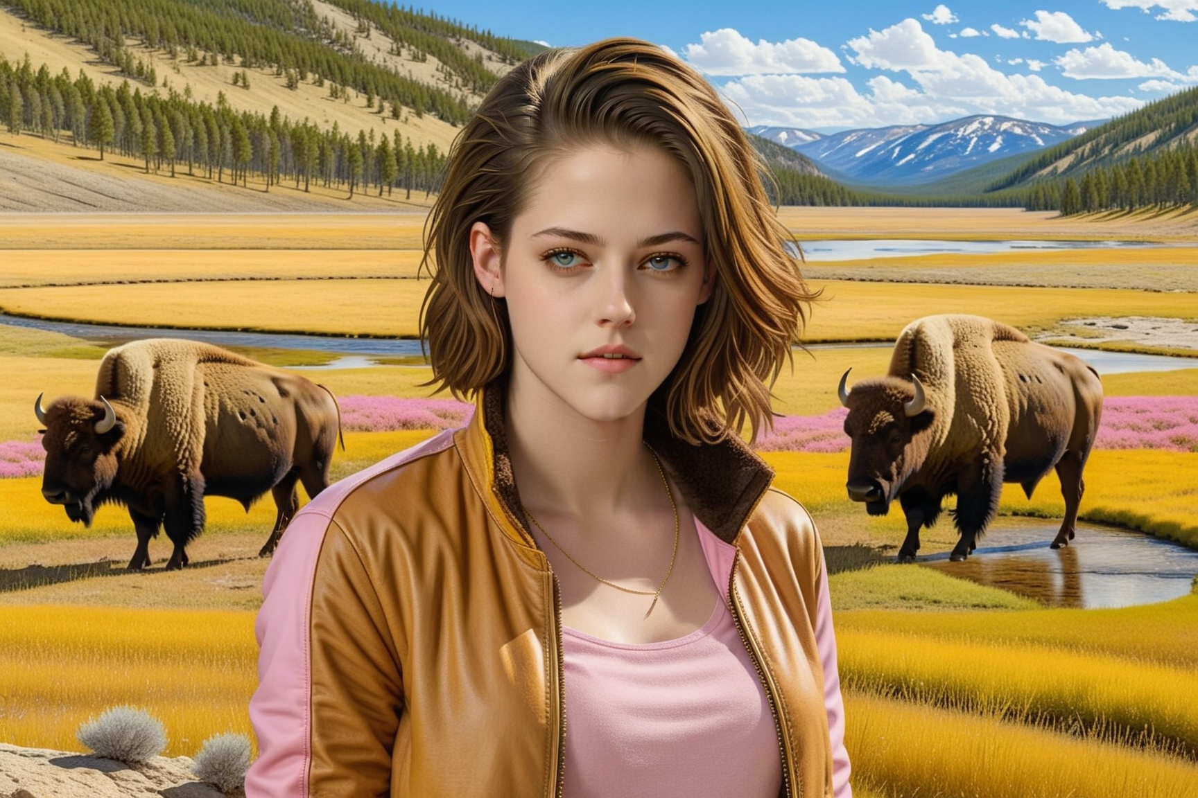 ((Hyper-Realistic)) close-up photo of a beautiful 1girl standing in front of A lamar valley \(lamarva11ey\) in Yellowstone...