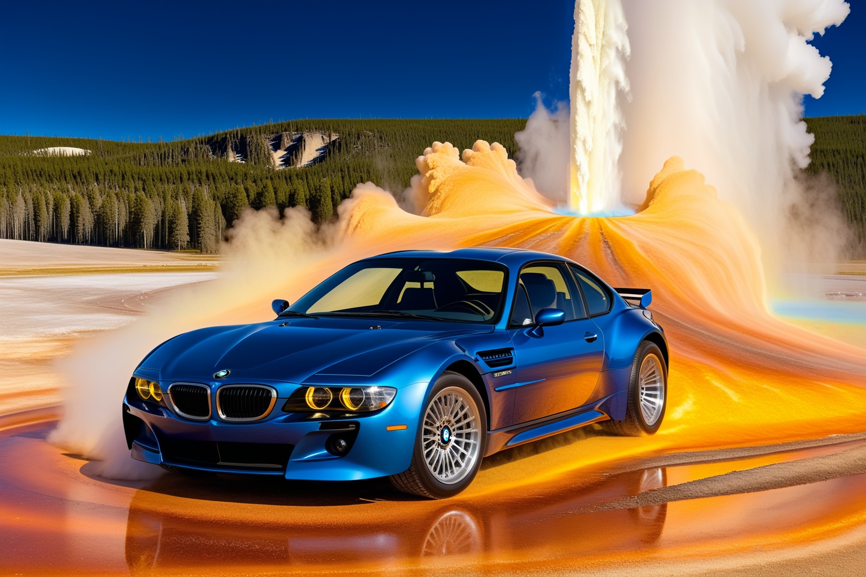 Ultra-realistic photo of racing car \(BMW Gina 2008\) in front of Old Faithful in Yellowstone,  (body color:Cosmic Carbon...