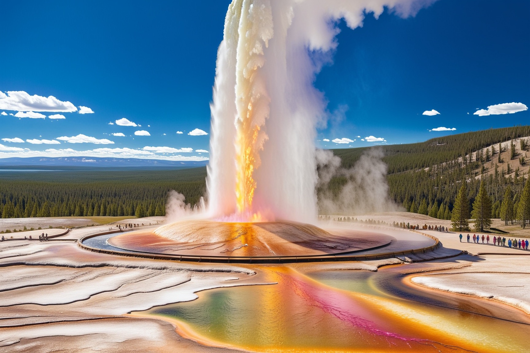 ((Hyper-Realistic)) photo of a beautiful 1girl standing in Old Faithful in Yellowstone,  (kristen stewart),  20yo on Tenso...