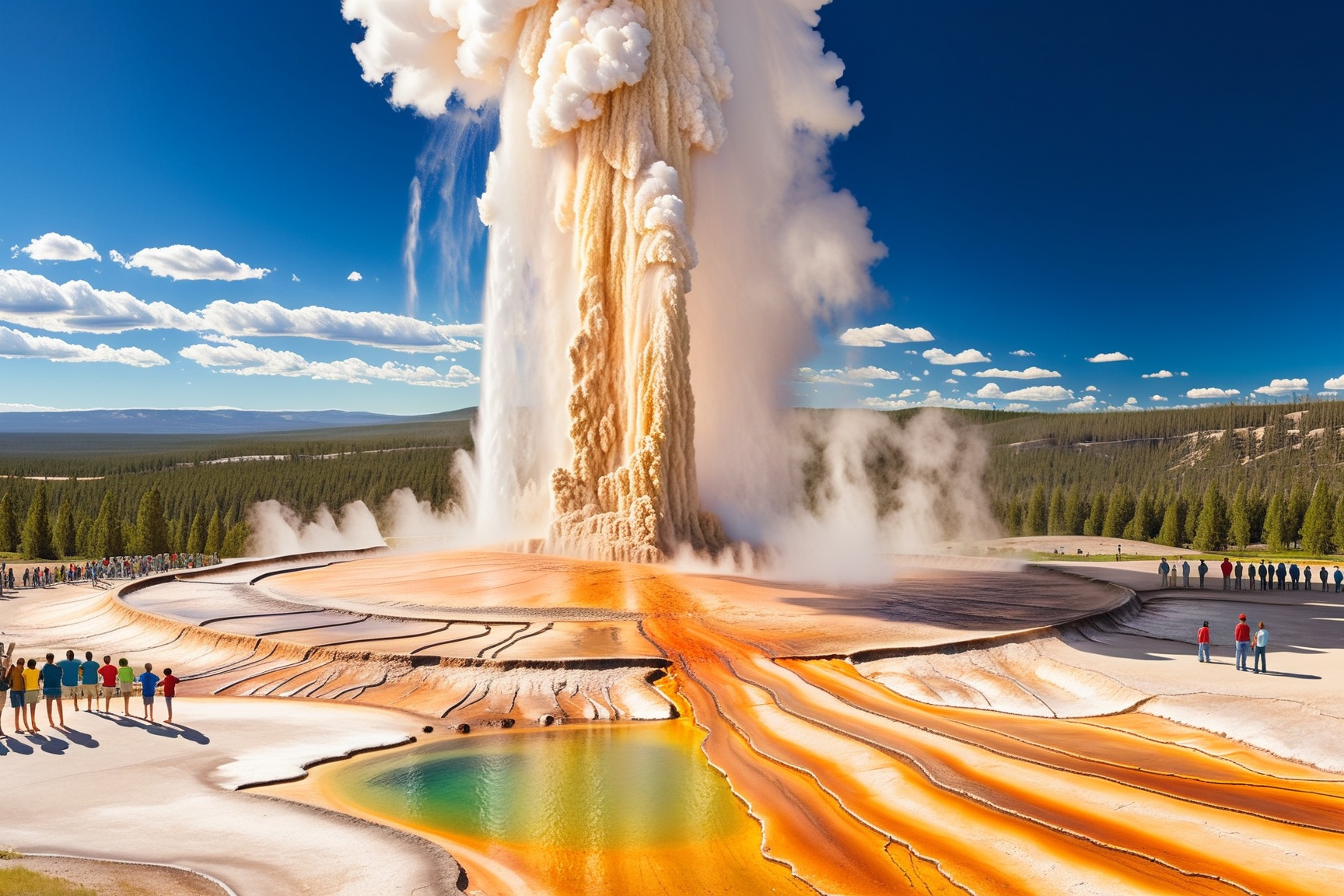 ((Hyper-Realistic)) detailed photography of Old Faithful \(oldfa1thfu1\) in Yellowstone,  outdoors,  multiple boys on Tens...