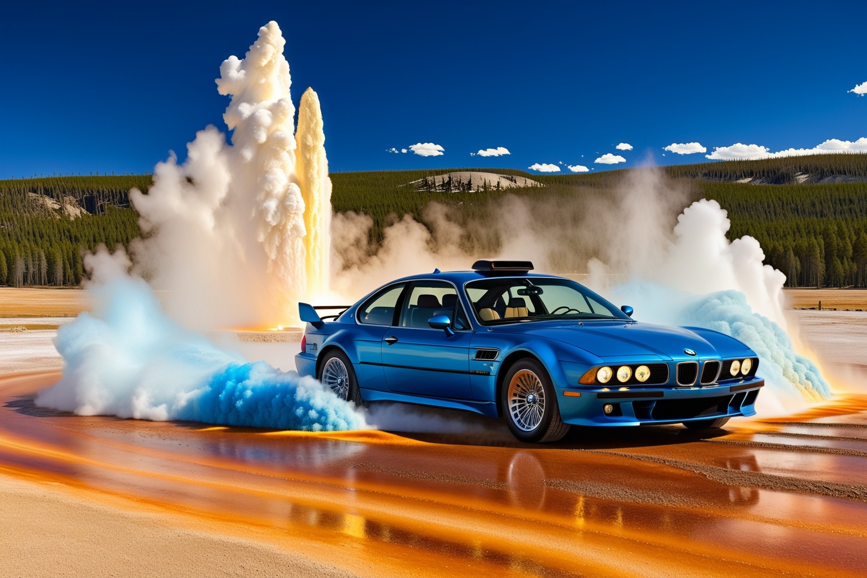 Ultra-realistic photo of racing car \(BMW Gina 2008\) in front of Old Faithful in Yellowstone,  (body color:Cosmic Carbon...