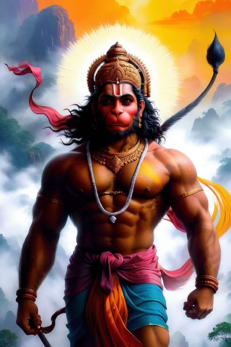 hanumanji art,  Envision an artistic interpretation of Hanumanji through the lens of oil painting. In a dreamlike landscap...