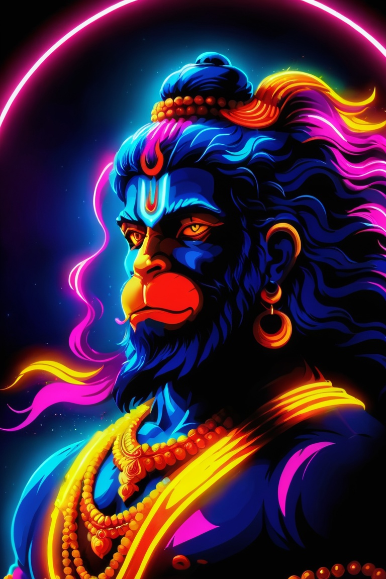 hanumanji art,  Visualize Hanumanji in a vibrant neon vector art style,  emanating an ethereal glow amidst the darkness. T...