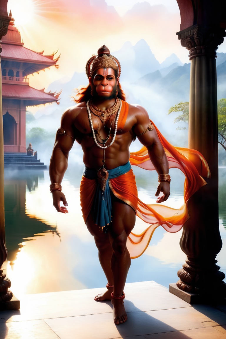 hanumanji art,  "In the spirit of divine reverence,  create a photorealistic oil paint-style portrayal of Hanumanji on Ten...