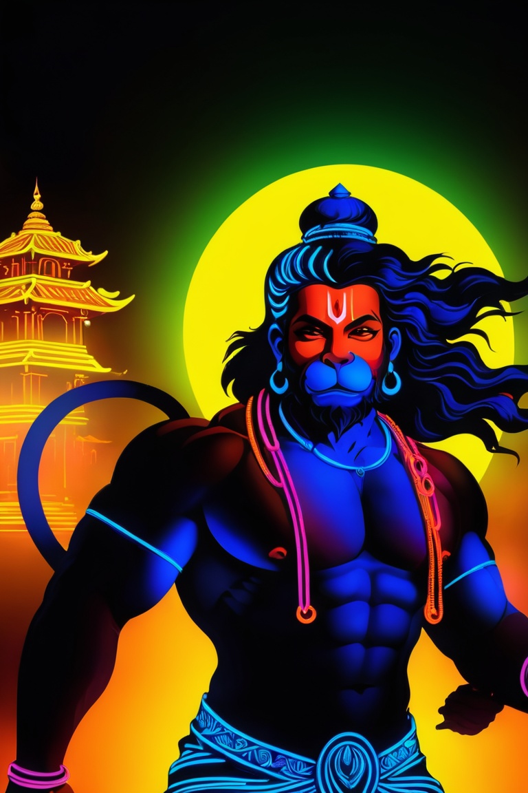 hanumanji art,  "Create a captivating vector neon art piece of Hanumanji,  utilizing a minimalist color palette of two vib...