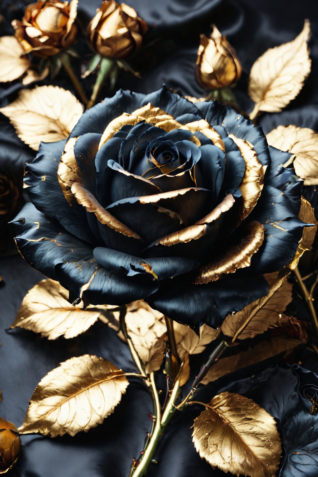 realistic black rose,  golden details on petals,  high resolution on Tensor.Art
