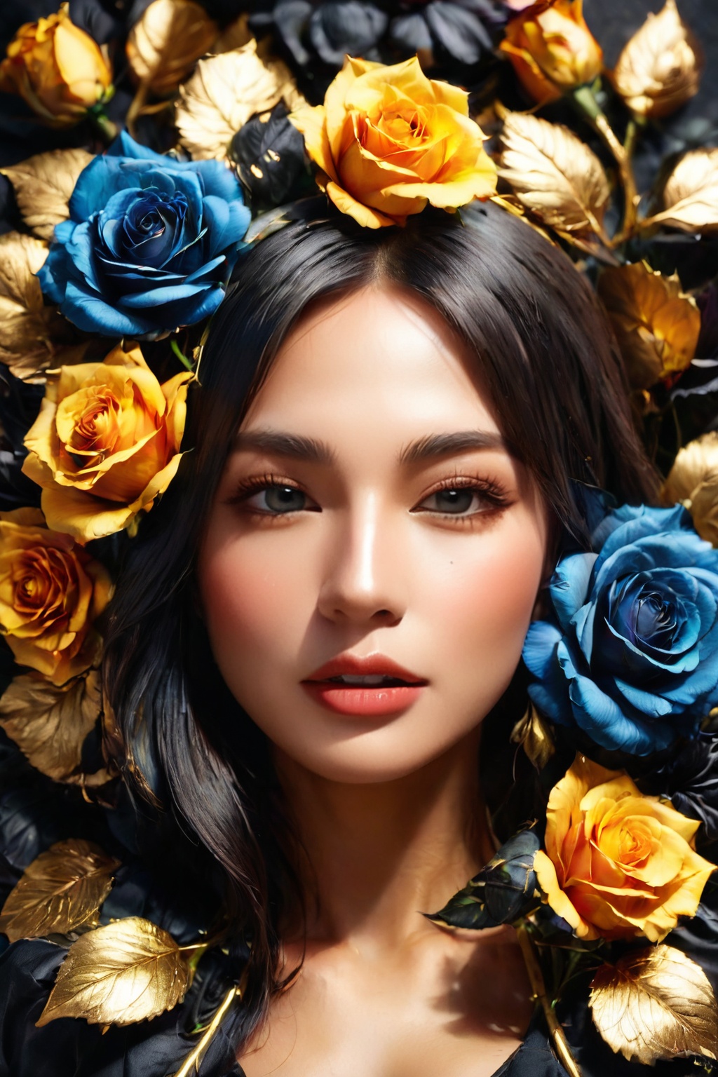 Woman with a mysterious face,  surrounded by realistic flowers and Gold Edged Black Roses,  high resolution on Tensor.Art