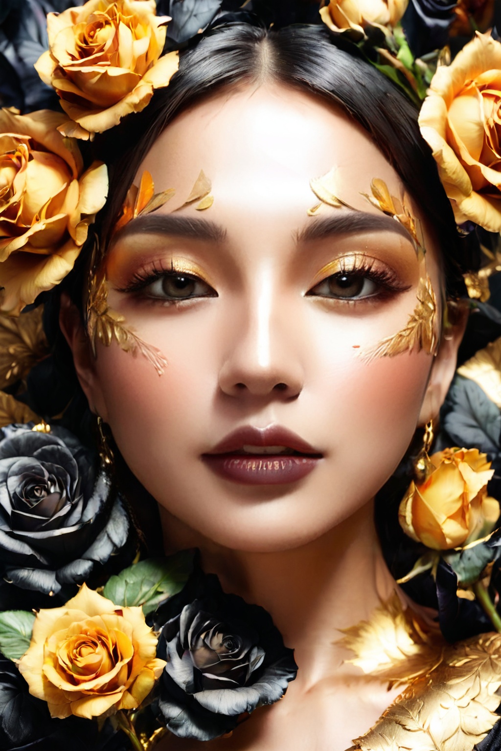 Woman with a mysterious face,  surrounded by realistic flowers and Gold Edged Black Roses,  high resolution on Tensor.Art