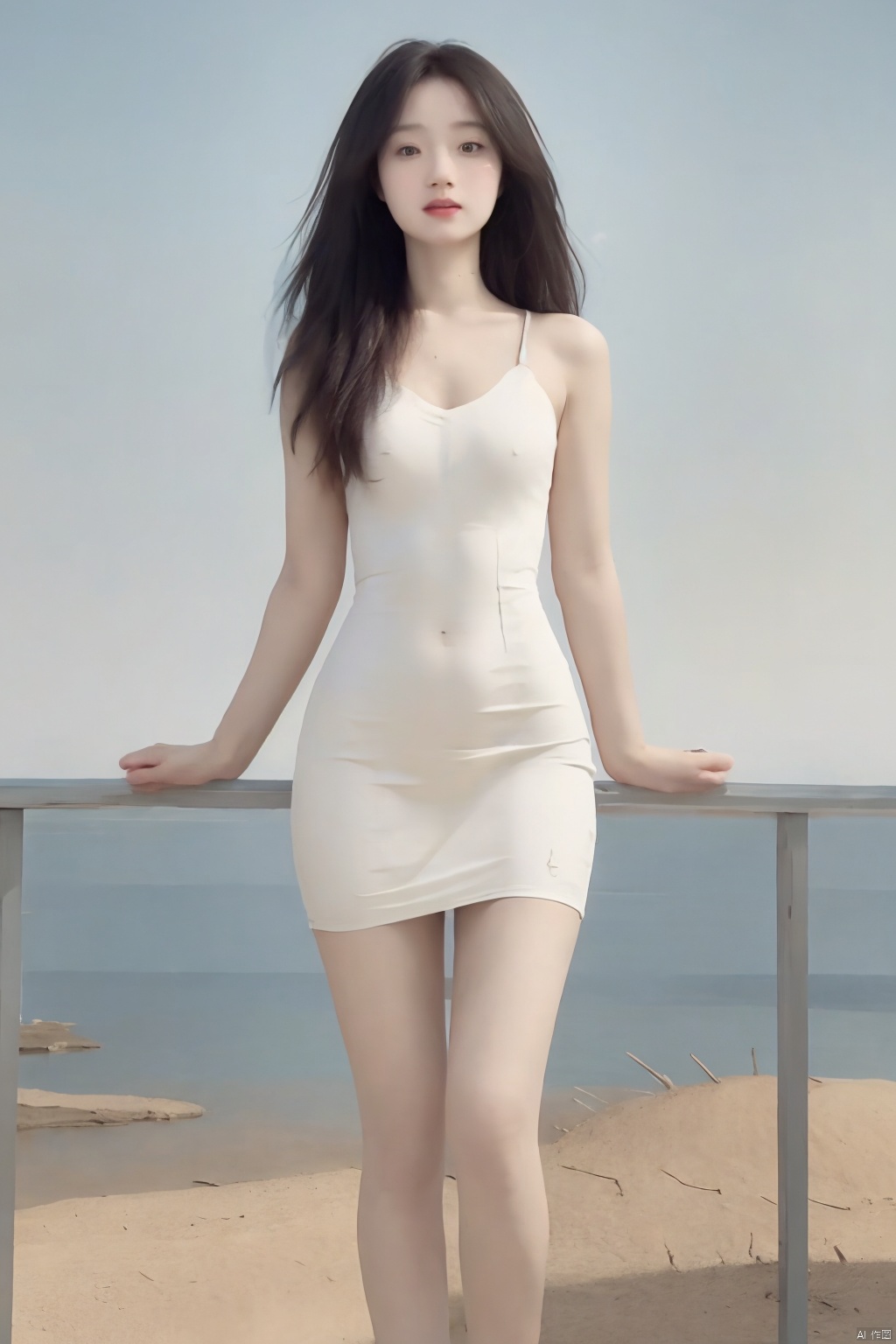  masterpiece, best quality, high_res, (Realistic:1.5), 1girl, 8k wallpaper, (15 years old),white skin, (standing:1.5), (skin tight dress:1.5), legs, (flat chest:1.5), (half_body:1), sidelocks,1girl,(messy hair:1.5), (hair blowing:1.2), (blue sea:1.3), (blue sky:1.5),slender figure, (hourglass_figure:1.3),(thin waist:1.3), (thin thighs:1.7),shadow, 111, miao
