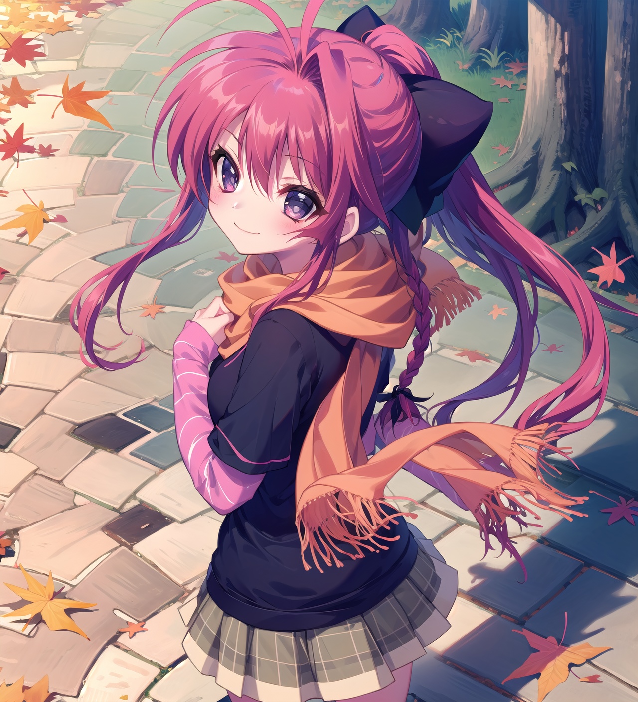 inuisana,inuisana casual,1girl,grey purple eyes,red eyes,single hair intakesinuisana,sana shirt,sana skirt,scarf,braid,smile,long hair,ponytail,black bow,hair bow,single hair intake,solo,blush,pavement,ahoge,autumn,looking back,looking at viewer,from above,autumn leaves,single braid,hair intakes,, masterpiece,best quality,