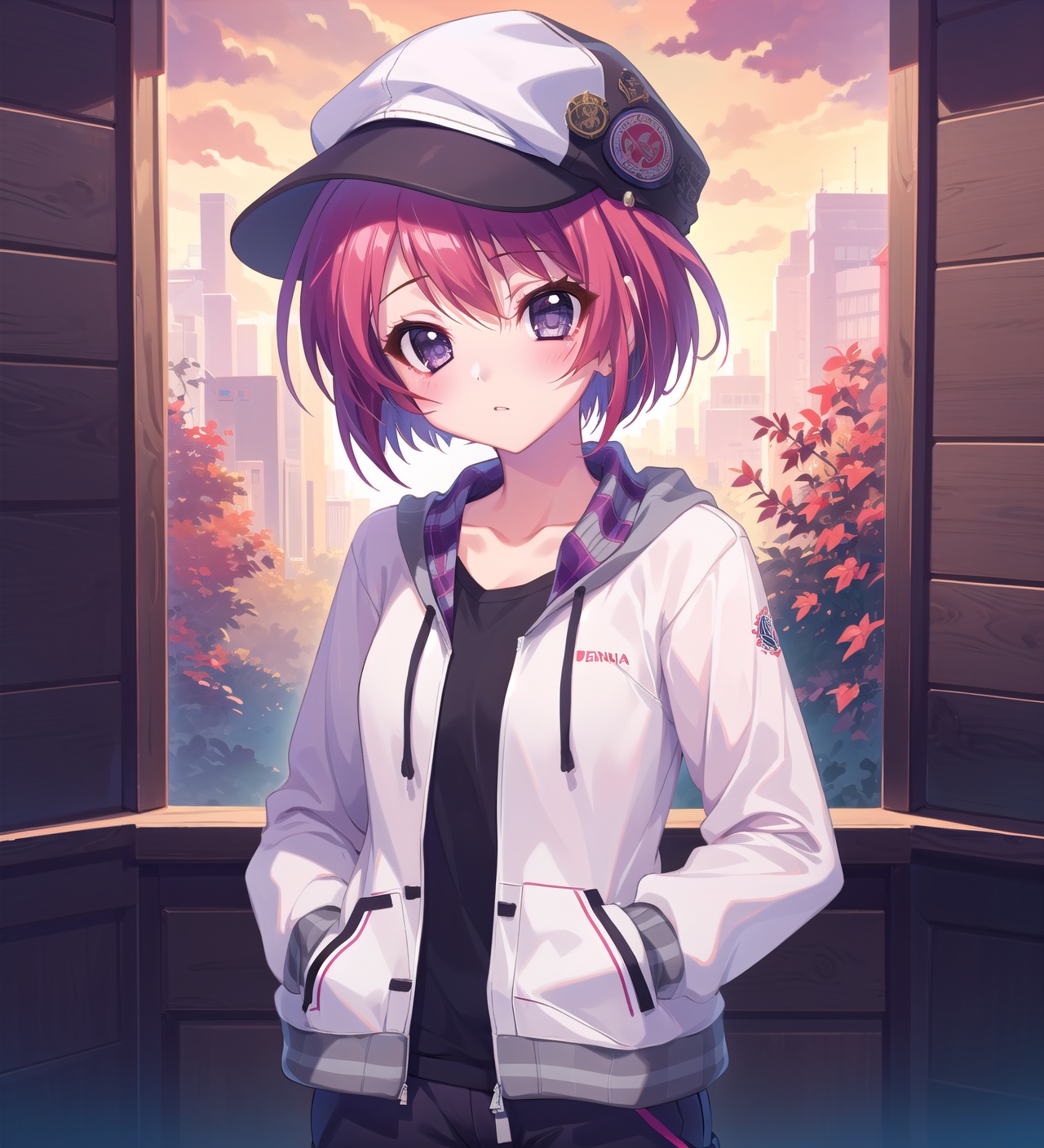 inuisana,inuisana jacket,1girl,grey purple eyes,red eyes,single hair intakes,1girl,solo,sana hat,pants,short hair,blush,long sleeves,upper body,looking at viewer,, masterpiece,best quality,