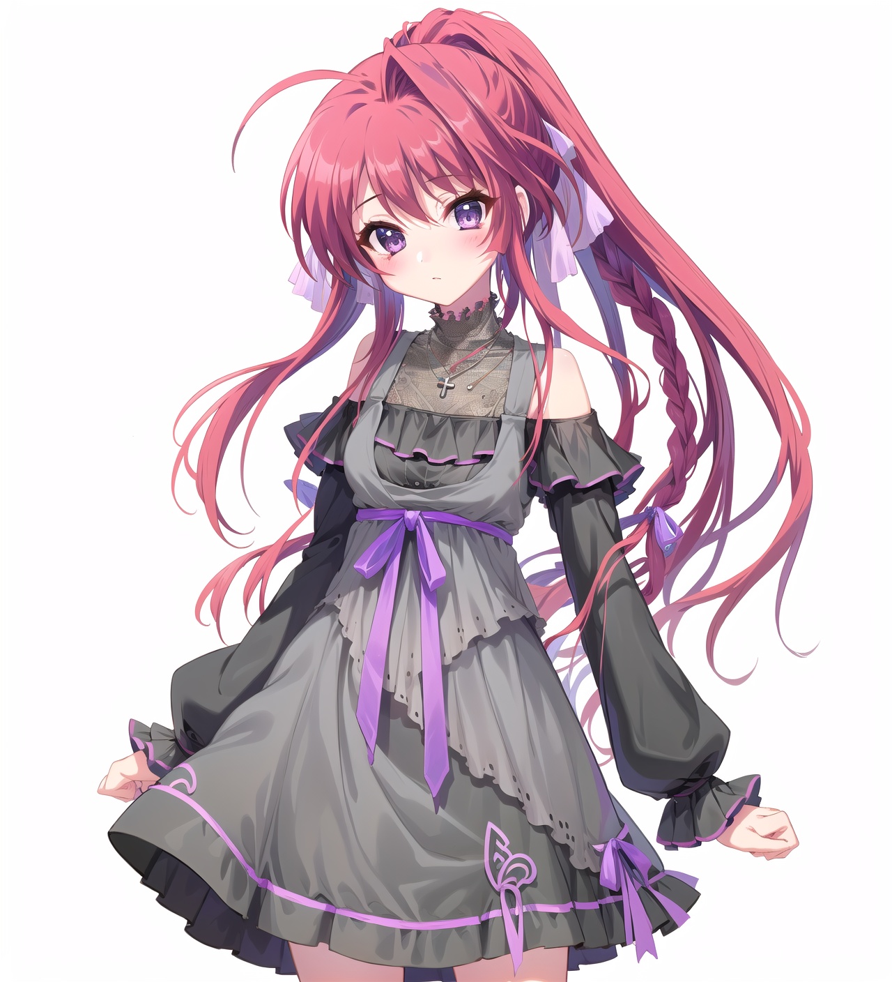 inuisana,inuisana dress,1girl,grey purple eyes,red eyes,single hair intakes,inuisana,solo,single hair intake,braid,long hair,jewelry,blush,necklace,simple background,ponytail,white background,looking at viewer,purple ribbon,, masterpiece,best quality,