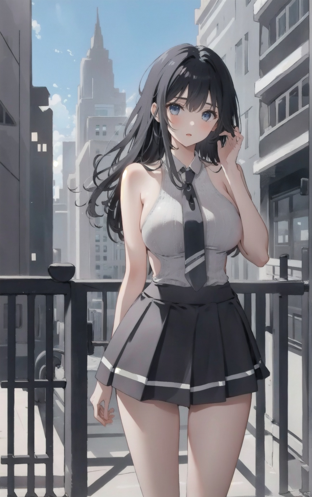  1girl,standing,city,building,outdoor,university,long hair, big breasts, JK