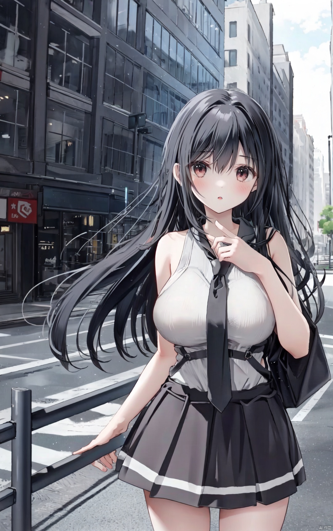  1girl,standing,city,building,outdoor,university,long hair, big breasts, JK