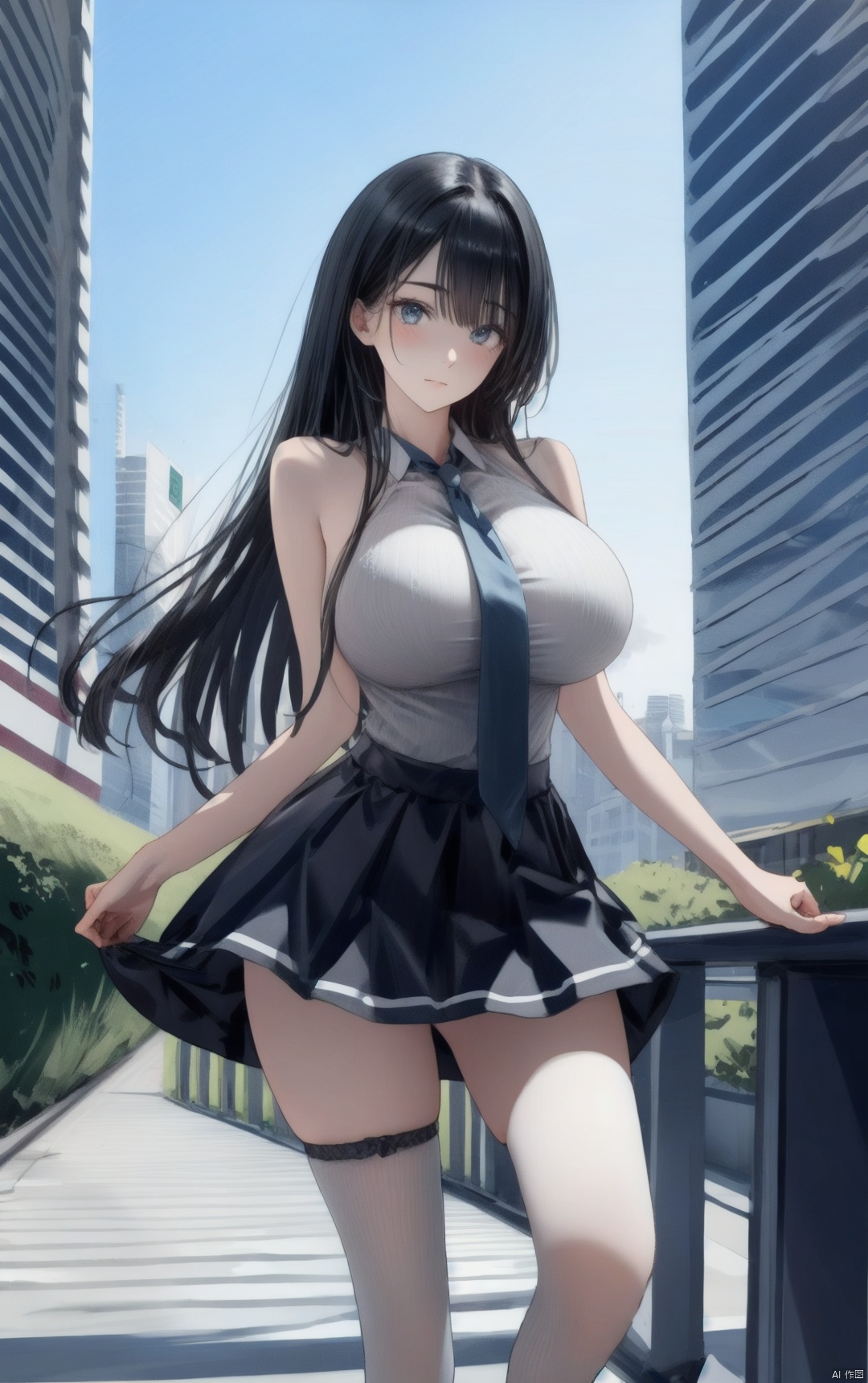  1girl,standing,city,building,outdoor,university,long hair, big breasts, JK