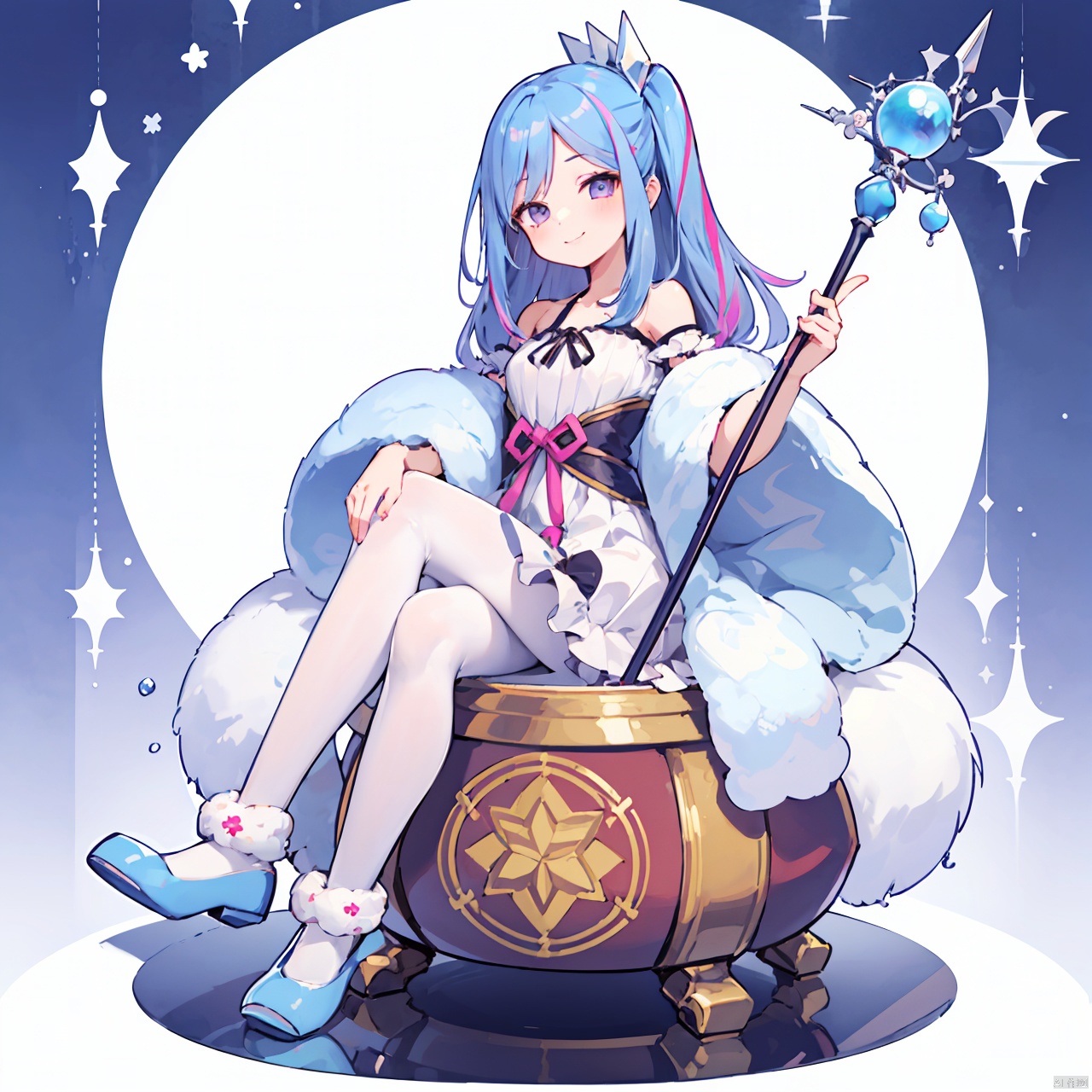  masterpiece, bestquality, Witchcrafter Madame Verre, 1girl, solo, long hair, looking at viewer, smile, dress, ribbon, holding, bare shoulders, sitting, blue hair, purple eyes, full body, pink hair, pantyhose, multicolored hair, white dress, fur trim, staff, white pantyhose, blue footwear, slippers, duel monster,