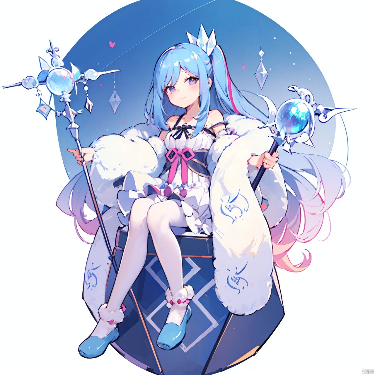  masterpiece, bestquality, Witchcrafter Madame Verre, 1girl, solo, long hair, looking at viewer, smile, dress, ribbon, holding, bare shoulders, sitting, blue hair, purple eyes, full body, pink hair, pantyhose, multicolored hair, white dress, fur trim, staff, white pantyhose, blue footwear, slippers, duel monster,