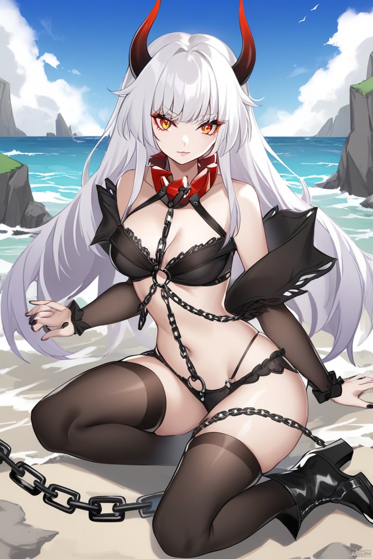Musashi-shenhai, 1girl, solo, breasts, thighhighs, bare shoulders, black nails, navel, black thighhighs, looking at viewer, collar, cleavage, boots, chain, underwear, , fingernails,seaside,o-ring