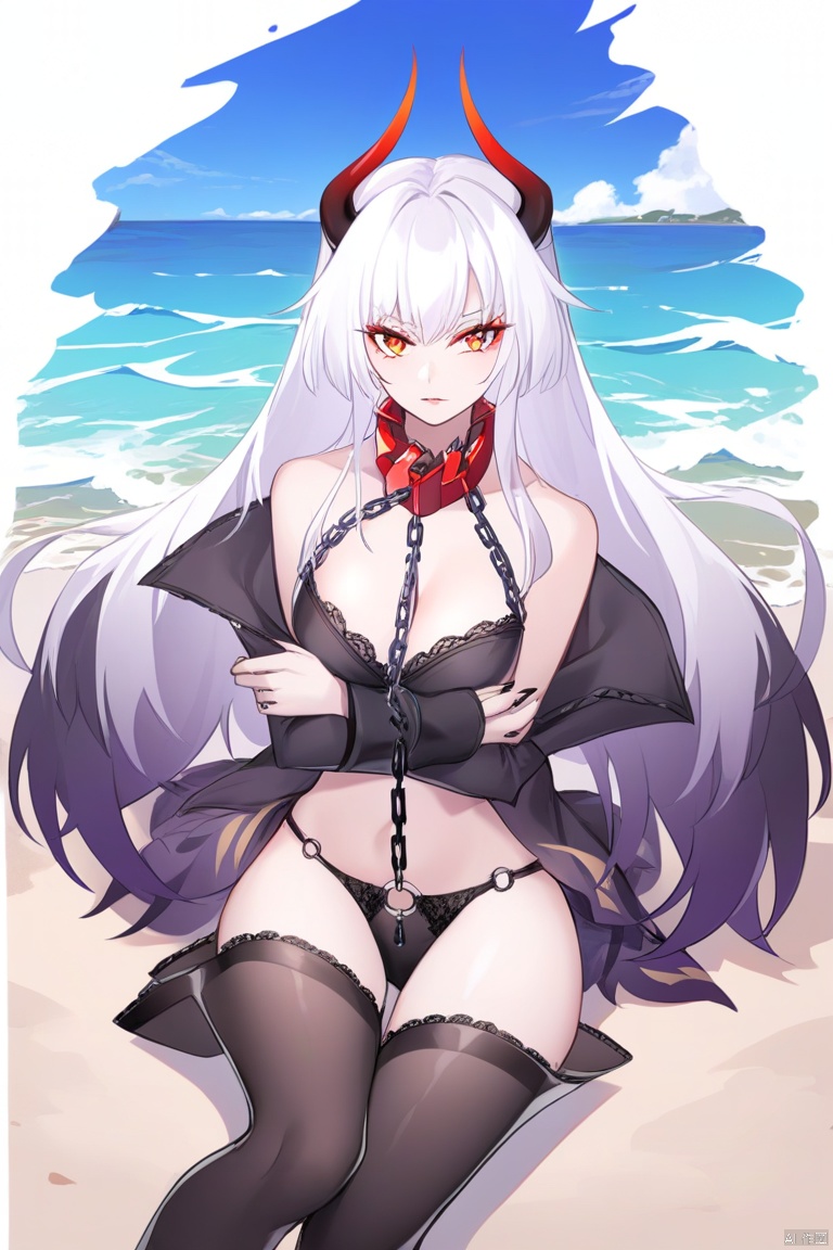 Musashi-shenhai, 1girl, solo, breasts, thighhighs, bare shoulders, black nails, navel, black thighhighs, looking at viewer, collar, cleavage, boots, chain, underwear, , fingernails,seaside,o-ring,