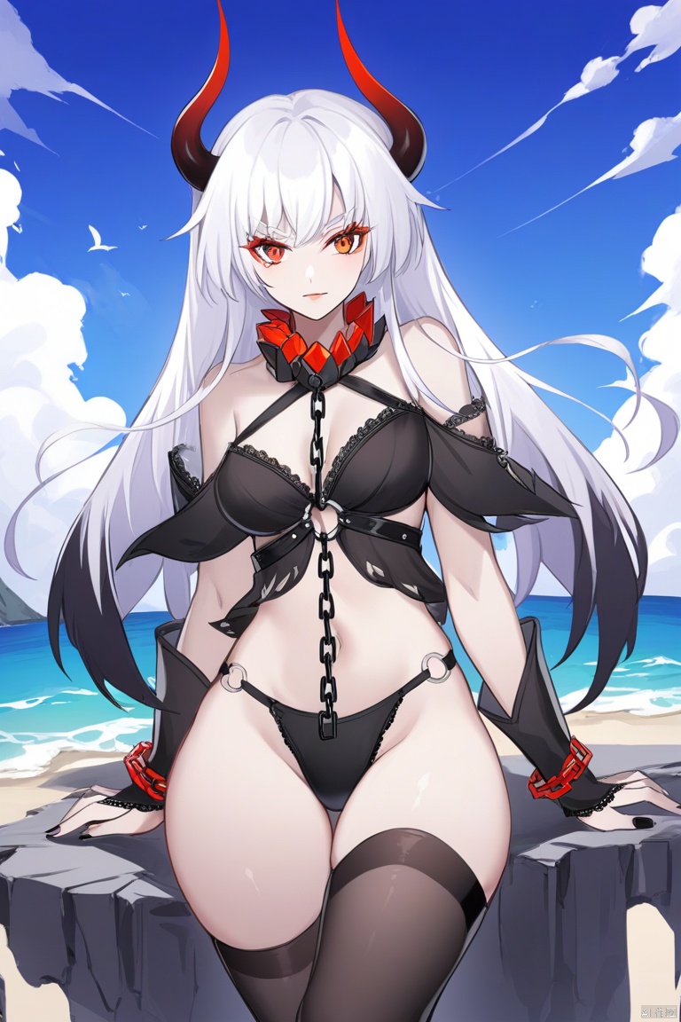 Musashi-shenhai, 1girl, solo, breasts, thighhighs, bare shoulders, black nails, navel, black thighhighs, looking at viewer, collar, cleavage, boots, chain, underwear, , fingernails,seaside,o-ring,black bra