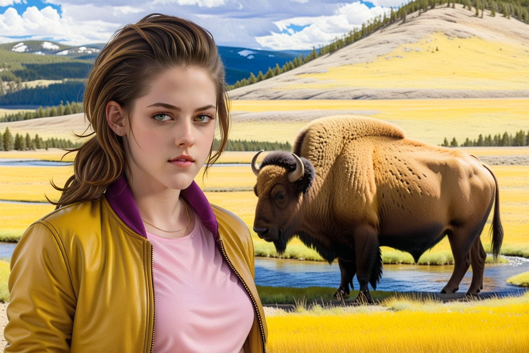 ((Hyper-Realistic)) close-up photo of a beautiful 1girl standing in front of A lamar valley \(lamarva11ey\) in Yellowstone...