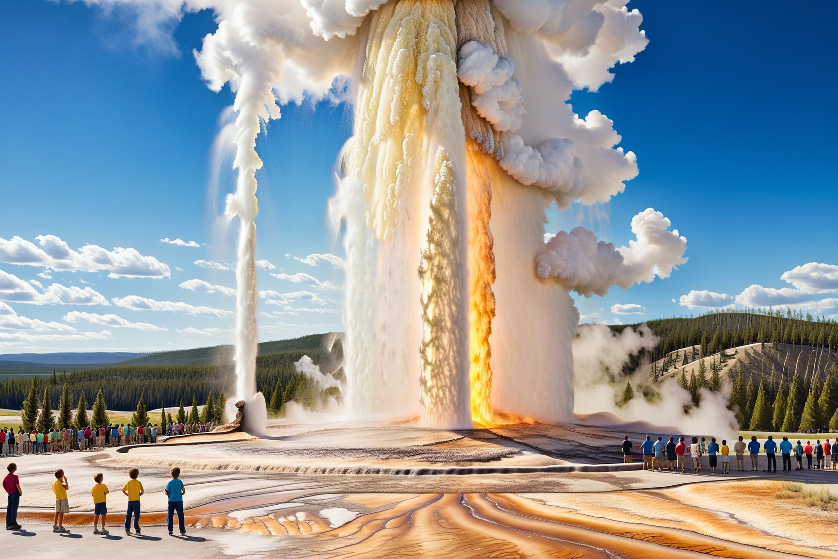 ((Hyper-Realistic)) detailed photography of Old Faithful \(oldfa1thfu1\) in Yellowstone,  outdoors,  multiple boys on Tens...