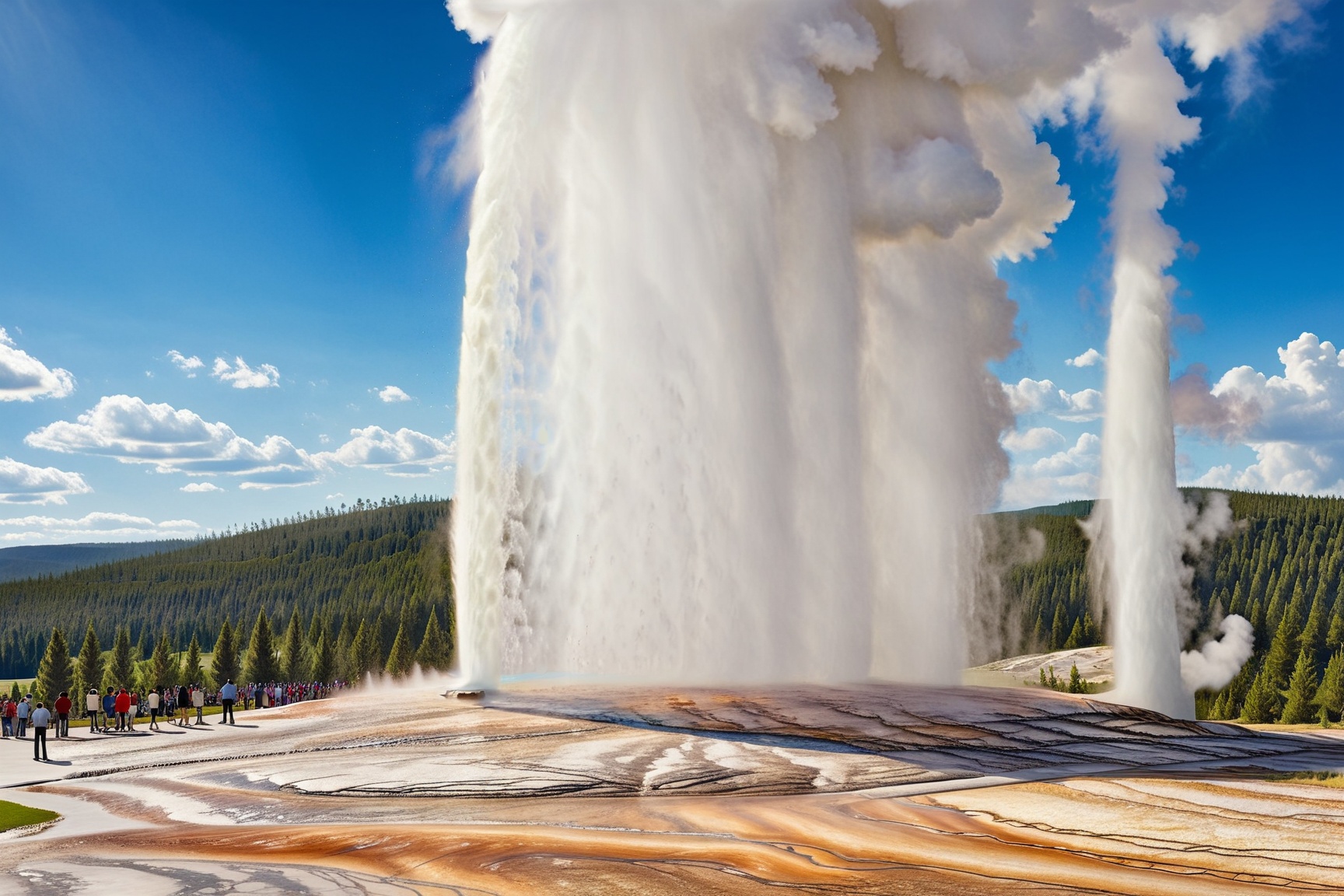 ((Hyper-Realistic)) detailed photography of Old Faithful \(oldfa1thfu1\) in Yellowstone,  outdoors,  multiple boys on Tens...