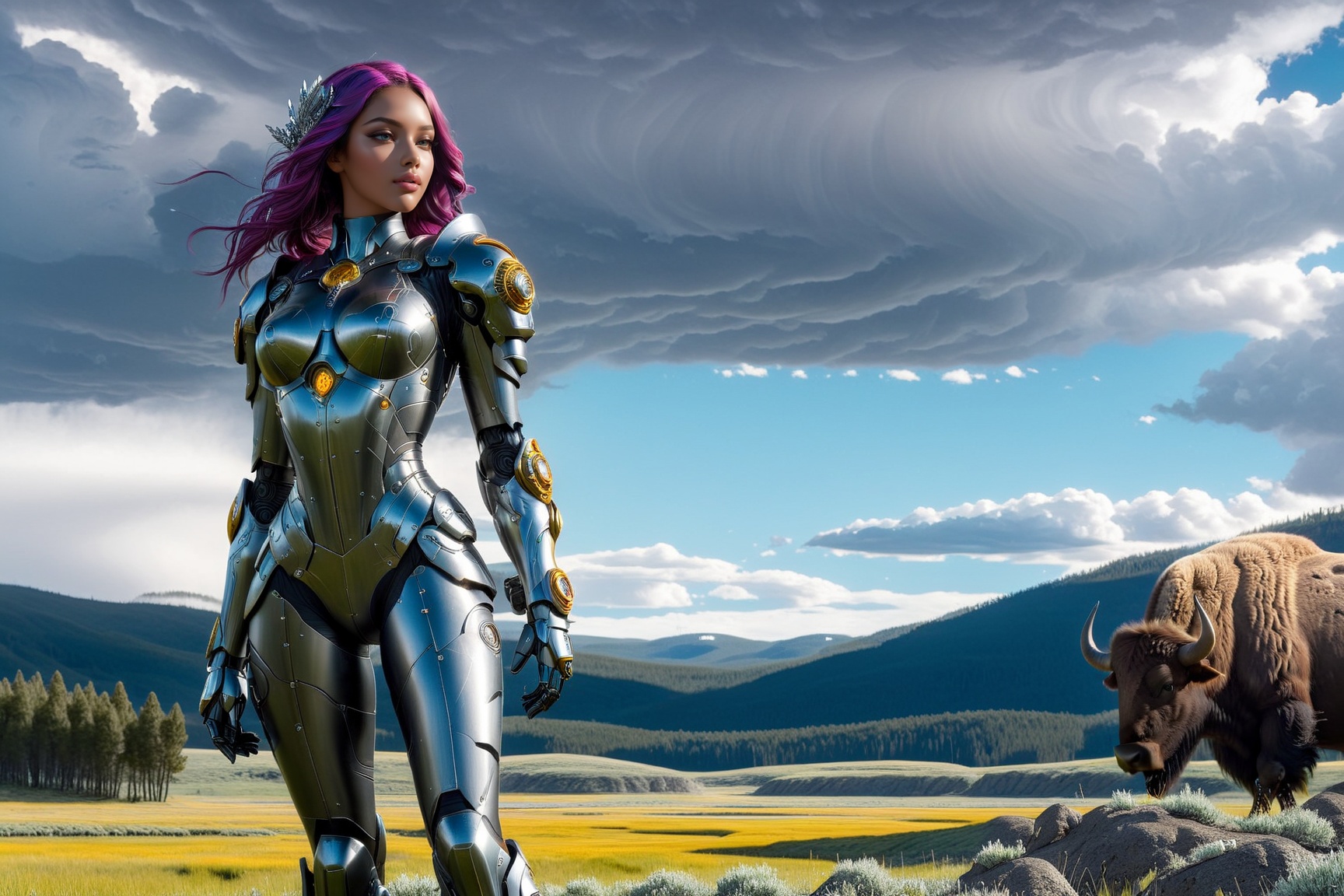 Highly detailed animation of a cyborg girl standing in lamar valley of Yellowstone,  20yo,  brazilian girl on Tensor.Art