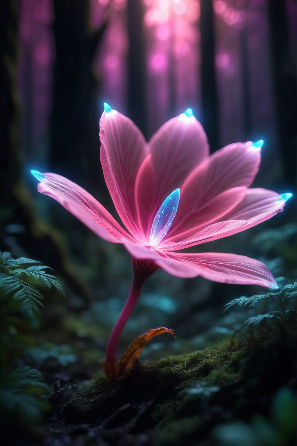 skp style,  bioluminescent pink flower,  fabulous night forest on Tensor.Art