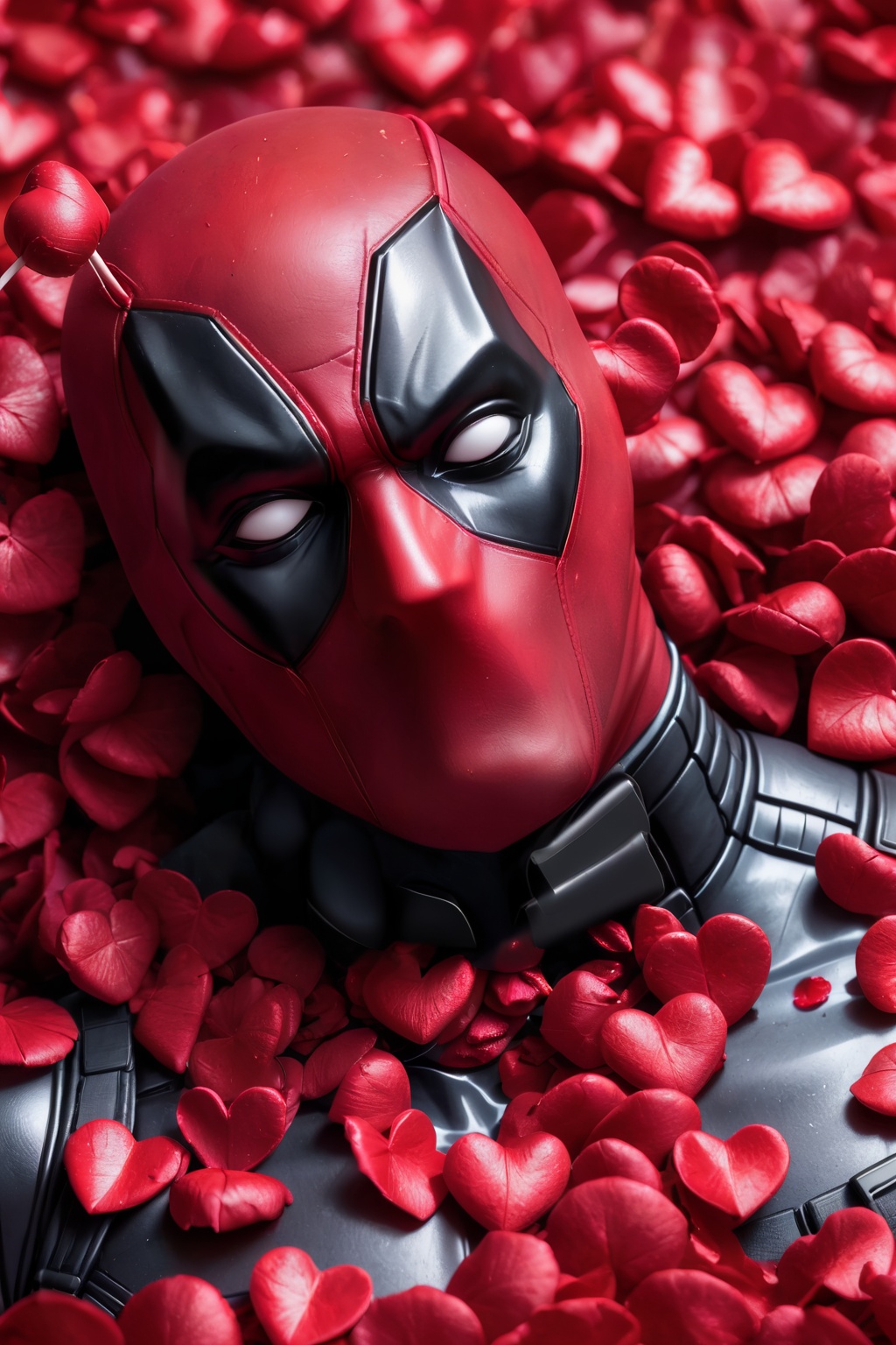 skp style,  Cute Deadpool lies in red rose petals in a subtle pose,  blows kisses to the photographer on Tensor.Art