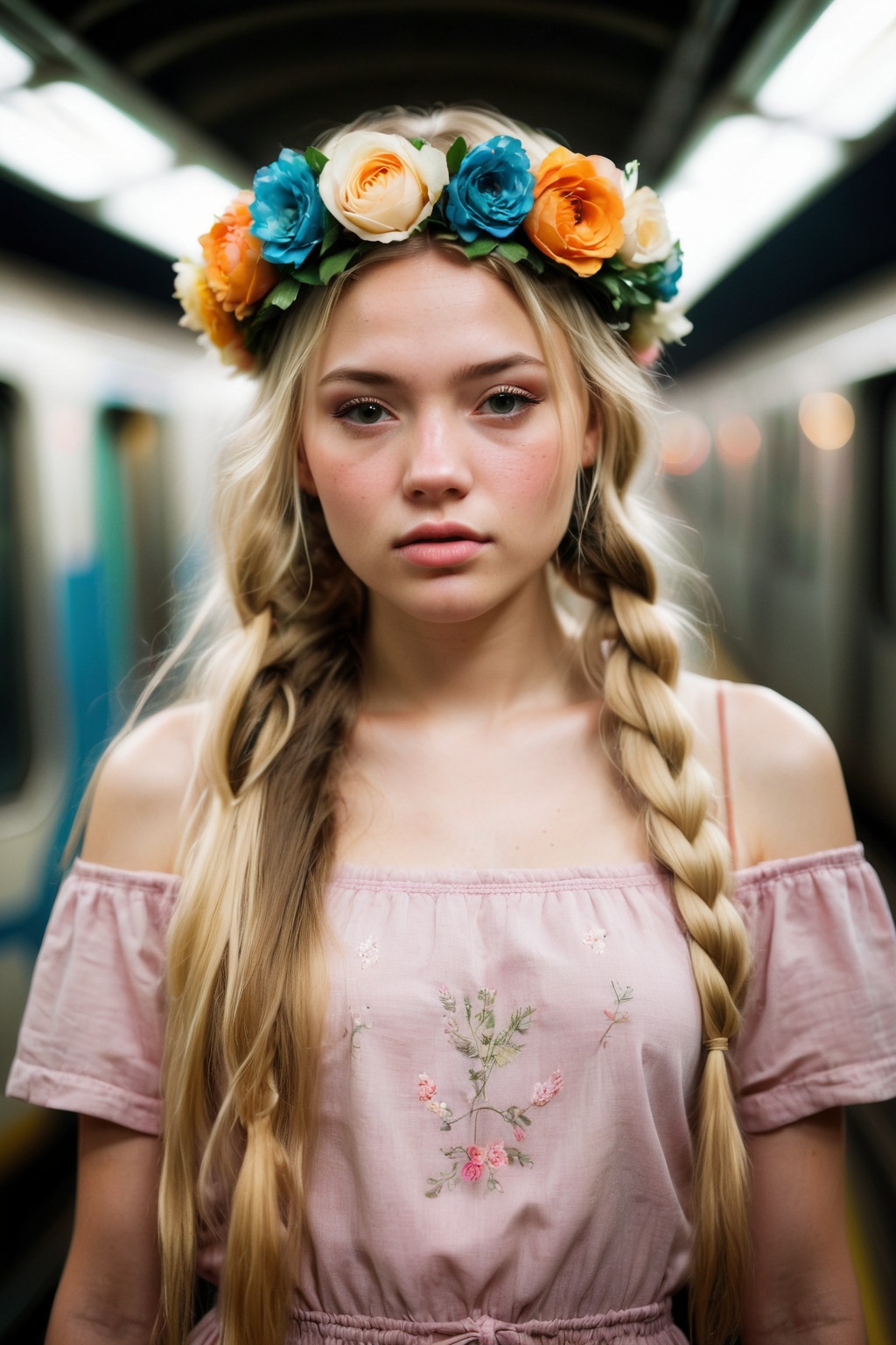 skp style,  analog portrait photograph of a 20 year old girl with long blonde hair in braids and a flower crown standing i...